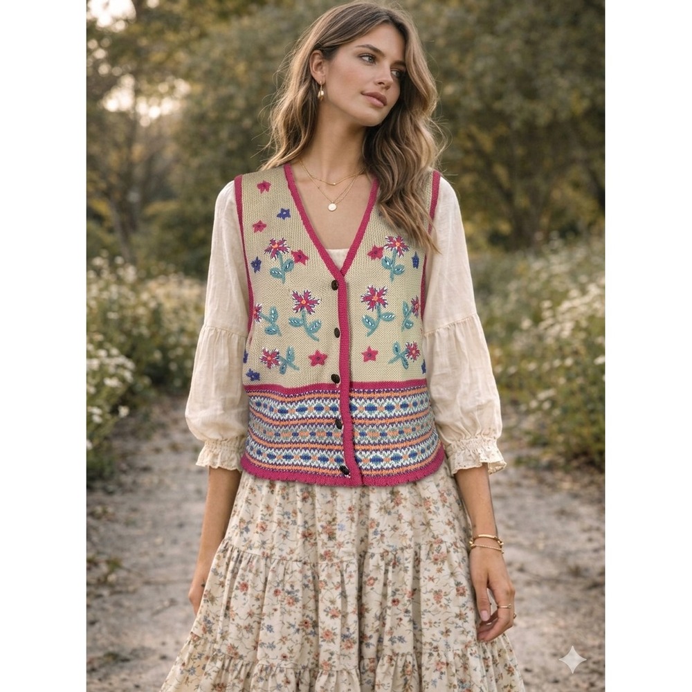 Vintage Lizwear Floral Embroidered Sweater Vest M Cottagecore Grandma Country‎